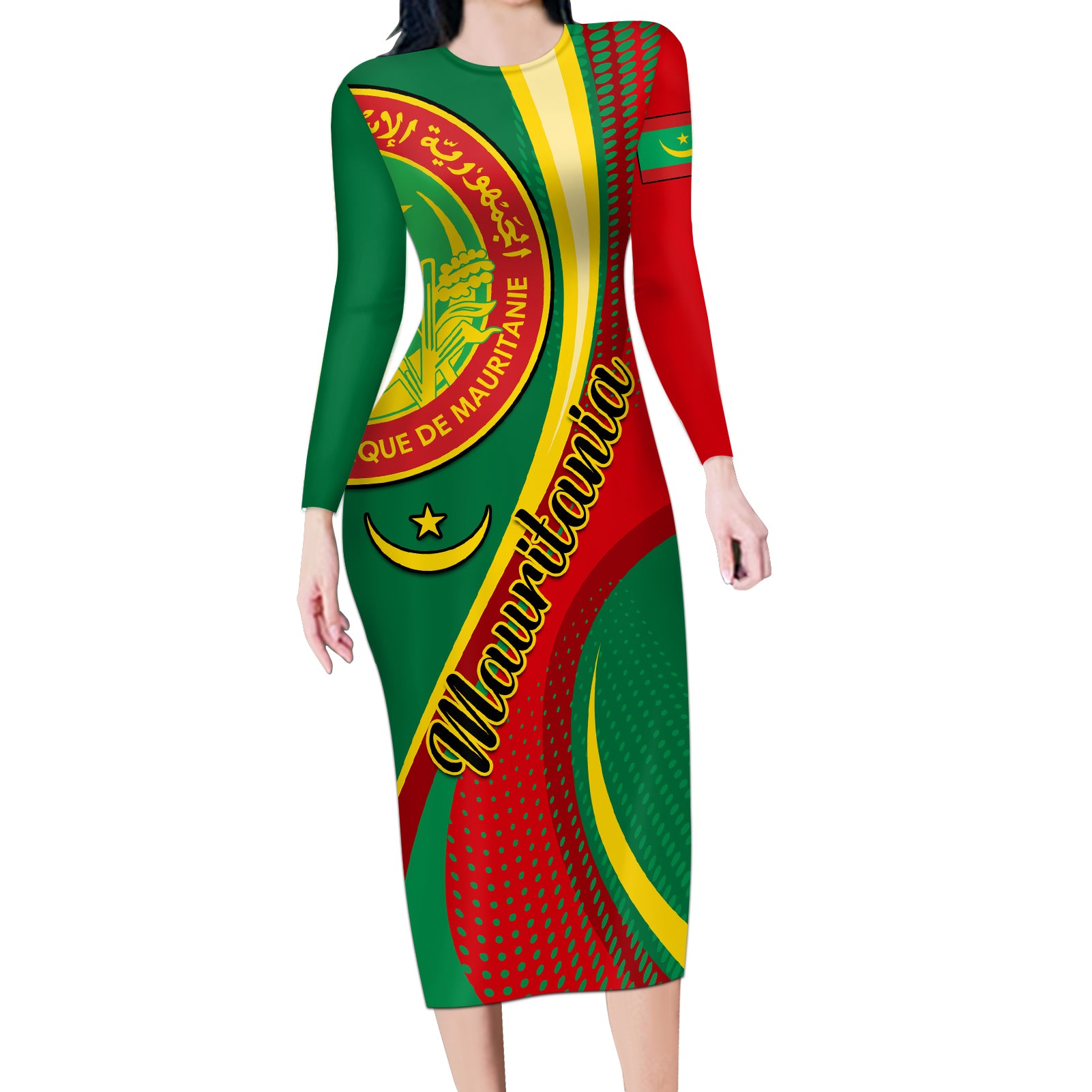 Personalised Mauritania Independence Day Long Sleeve Bodycon Dress Mauritanian Seal Special Version - Wonder Print Shop