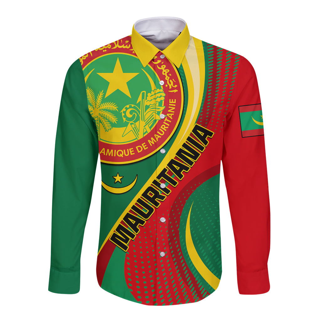 Long-sleeve button shirt with front graphic seal, green red yellow, yellow collar