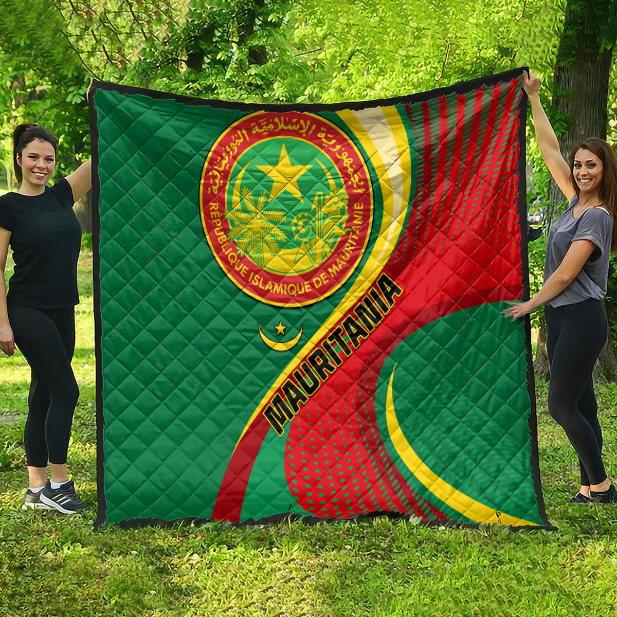 Mauritania Independence Day quilt blanket, full view with flag colors and central seal
