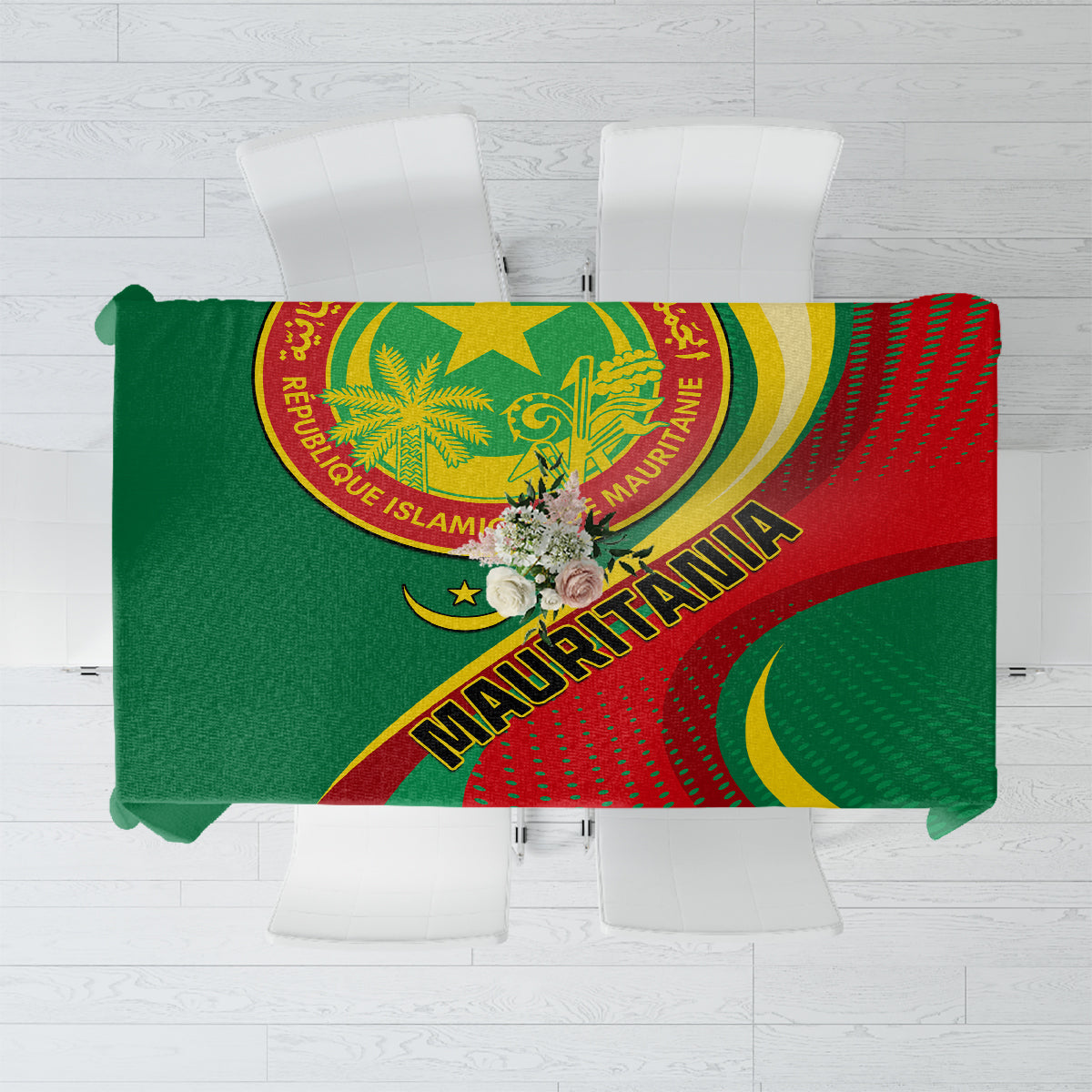 Mauritania-themed tablecloth with circular seal and flag-style green, red, yellow graphics