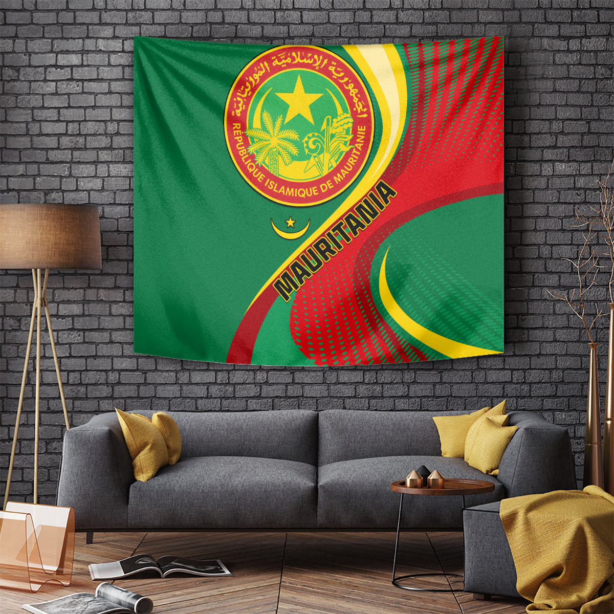 Green flag-style tapestry with Mauritania seal emblem, red dotted arc, and gold crescent.