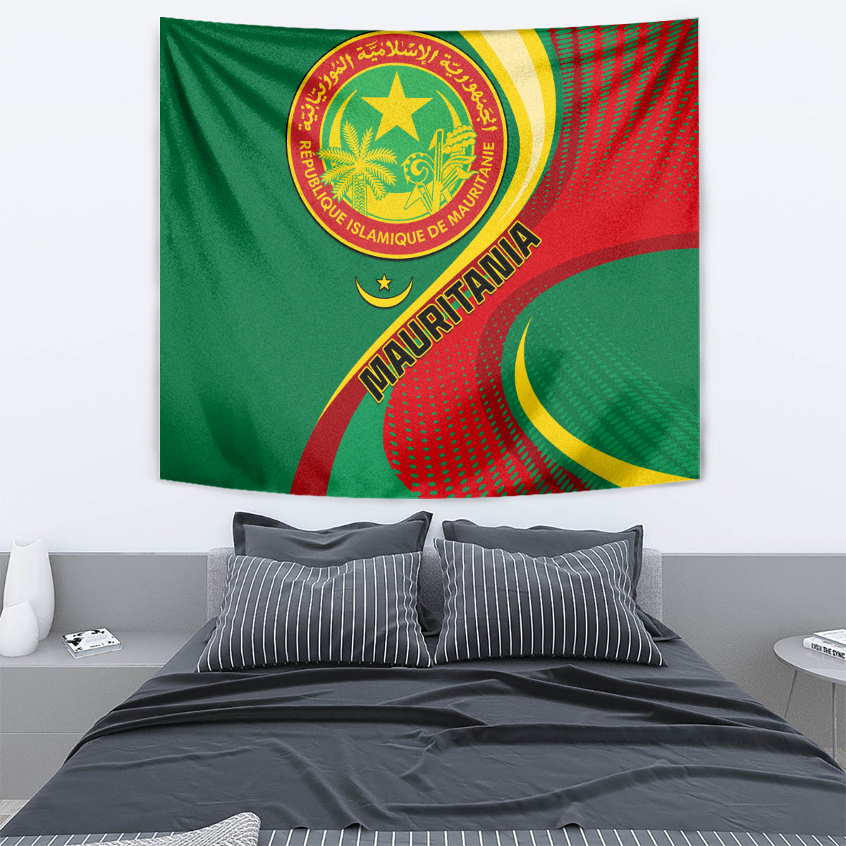 Folded green tapestry with round gold seal emblem, red dotted pattern, and yellow crescent.