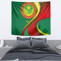 Folded green tapestry with round gold seal emblem, red dotted pattern, and yellow crescent.