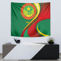 Green tapestry with Mauritania seal badge, red dotted curve, and gold crescent detail.