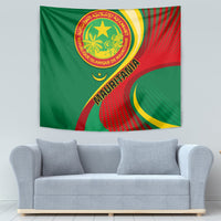 Green tapestry featuring round gold emblem, red dotted arc, and yellow crescent on right.