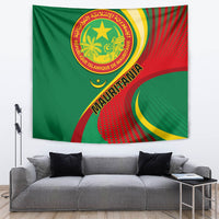 Green tapestry with round gold seal, red dotted background, and gold crescent across corner.
