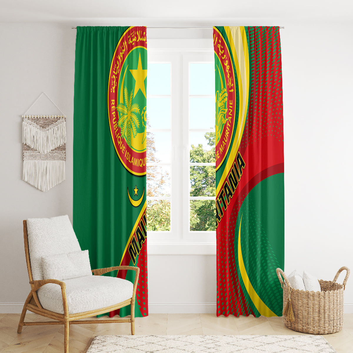 Mauritania Independence Day window curtain with draped fabric and circular seal artwork