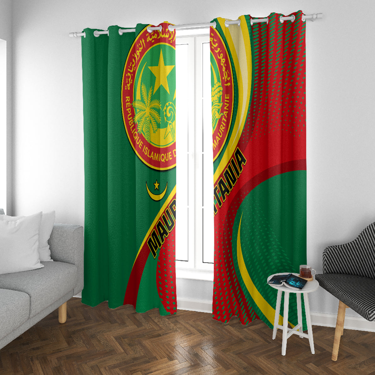 Mauritania Independence Day window curtain set with top hooks and circular emblem