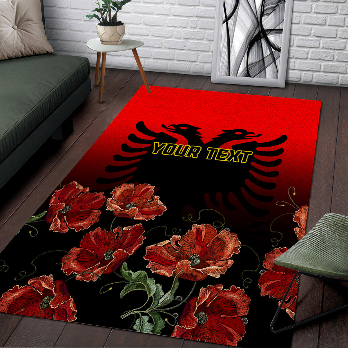 Personalised Albania Independence Day Area Rug Albanian Coat Of Arms With Red Poppy Flower - Wonder Print Shop