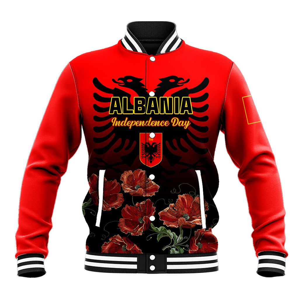 Personalised Albania Independence Day Baseball Jacket Albanian Coat Of Arms With Red Poppy Flower - Wonder Print Shop