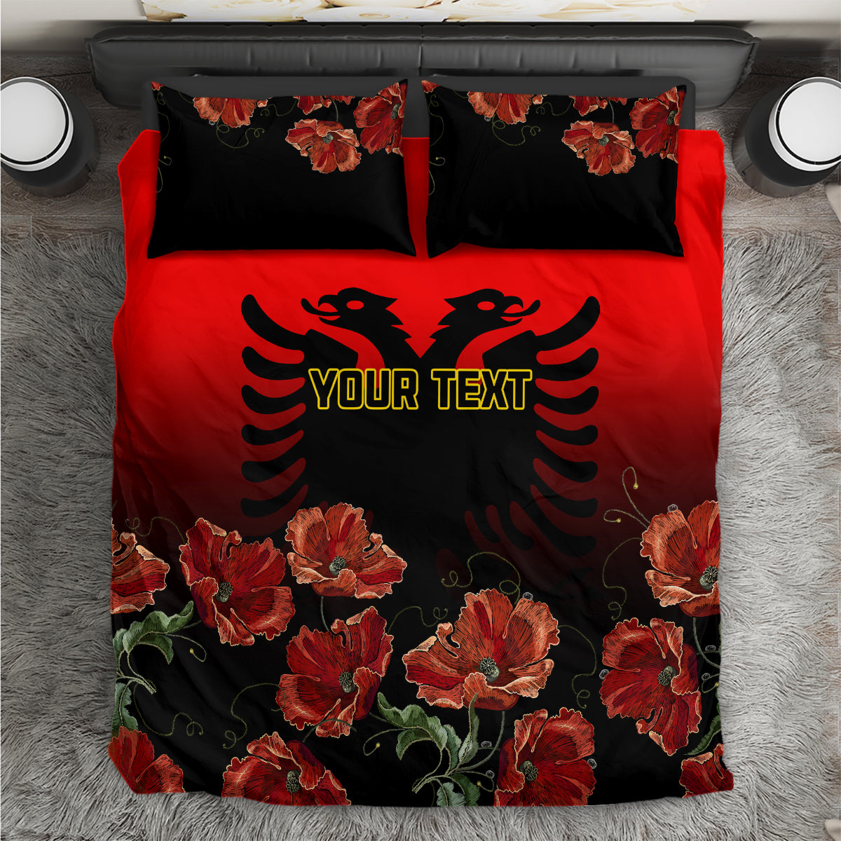 Personalised Albania Independence Day Bedding Set Albanian Coat Of Arms With Red Poppy Flower - Wonder Print Shop