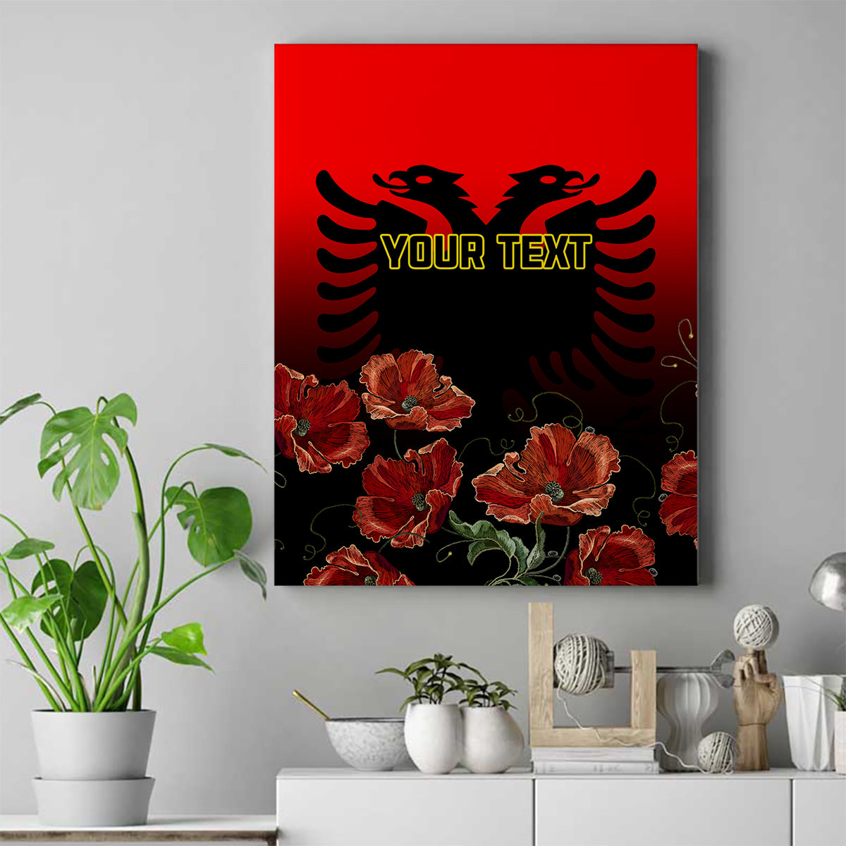 Personalised Albania Independence Day Canvas Wall Art Albanian Coat Of Arms With Red Poppy Flower - Wonder Print Shop