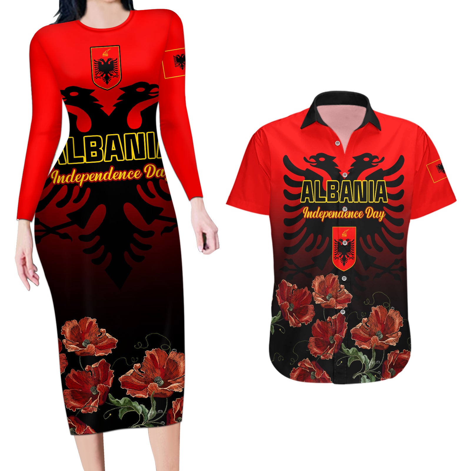 Personalised Albania Independence Day Couples Matching Long Sleeve Bodycon Dress and Hawaiian Shirt Albanian Coat Of Arms With Red Poppy Flower - Wonder Print Shop