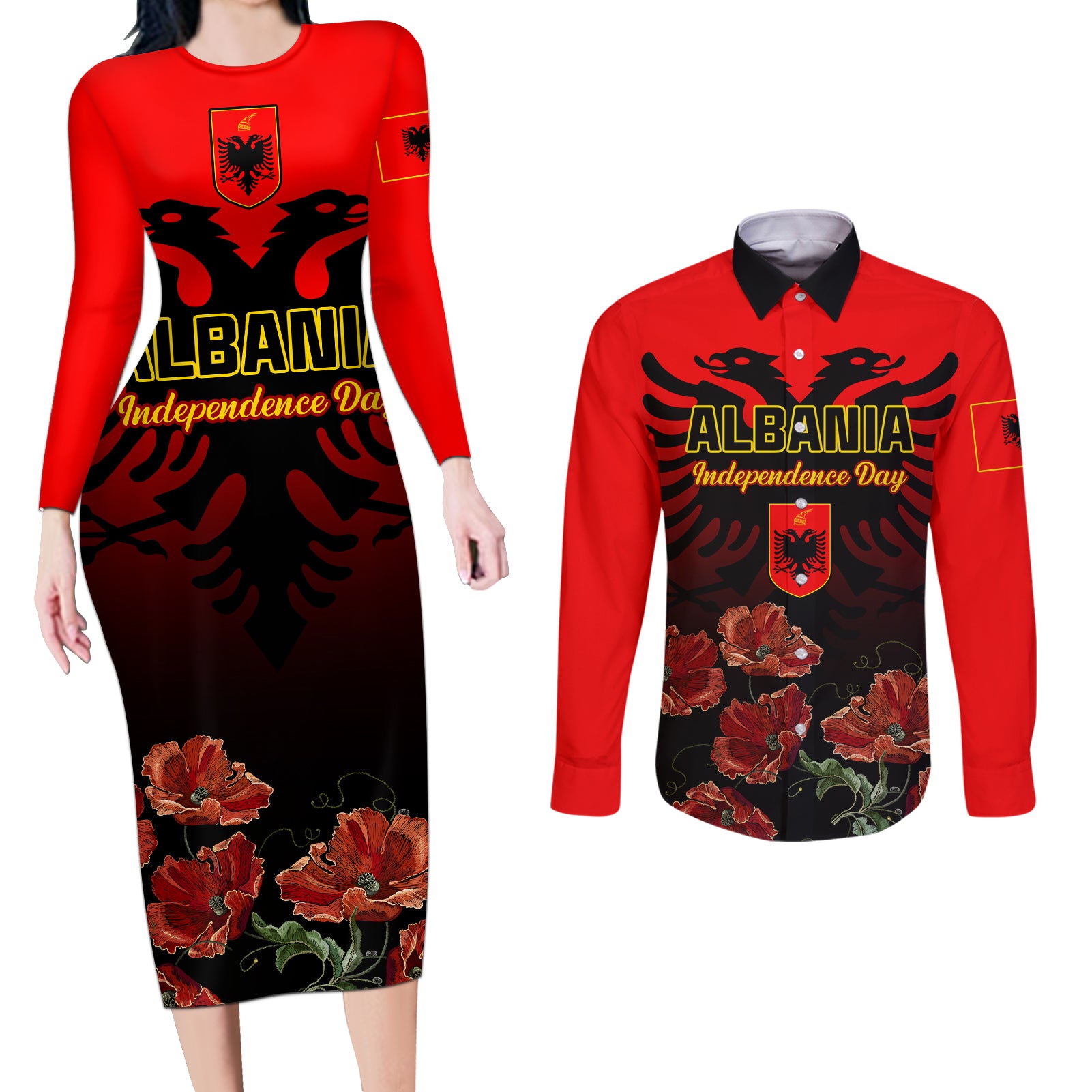 Personalised Albania Independence Day Couples Matching Long Sleeve Bodycon Dress and Long Sleeve Button Shirt Albanian Coat Of Arms With Red Poppy Flower - Wonder Print Shop