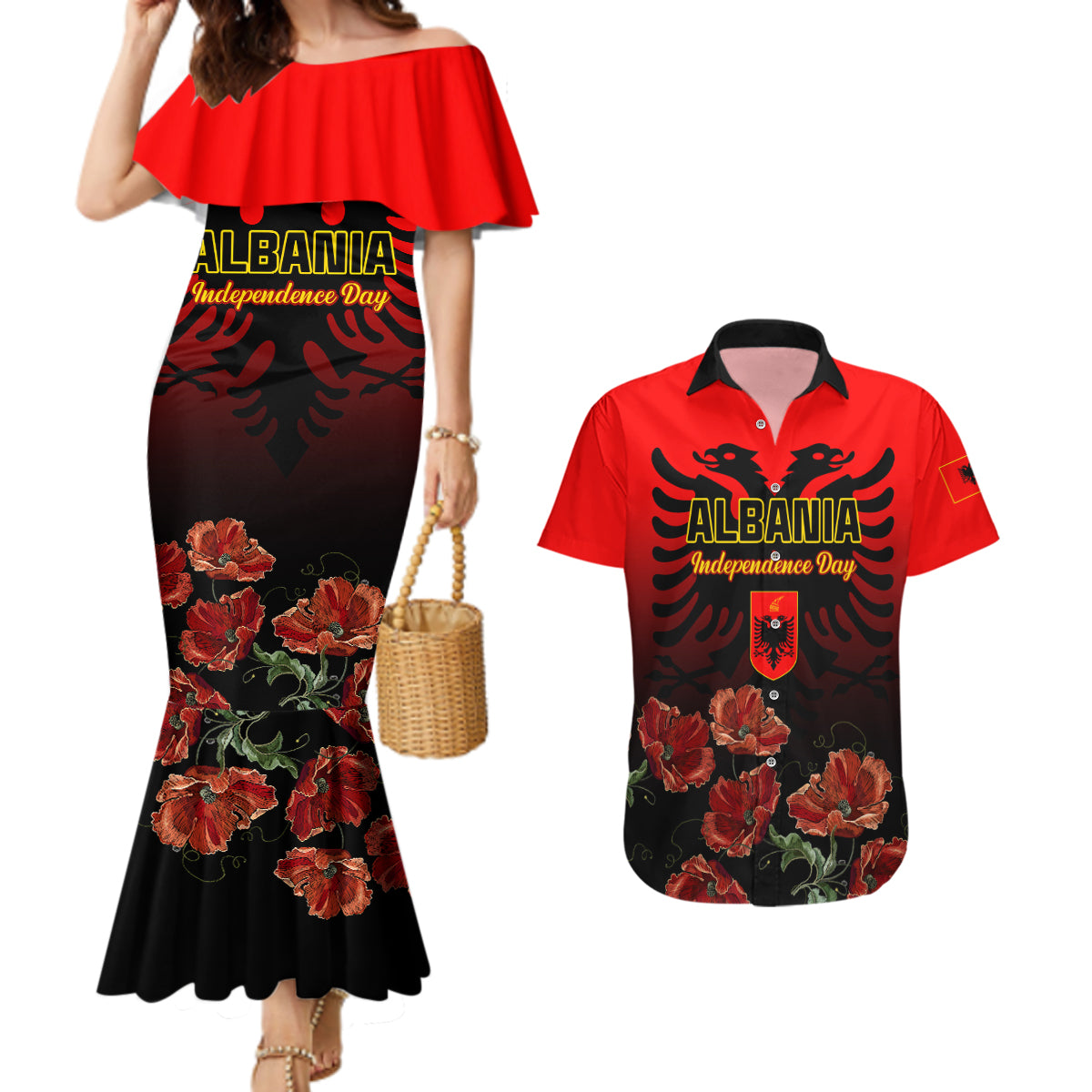 Personalised Albania Independence Day Couples Matching Mermaid Dress and Hawaiian Shirt Albanian Coat Of Arms With Red Poppy Flower - Wonder Print Shop