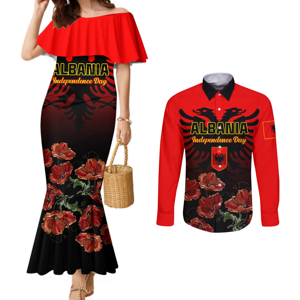 personalised-albania-independence-day-couples-matching-mermaid-dress-and-long-sleeve-button-shirt-albanian-coat-of-arms-with-red-poppy-flower