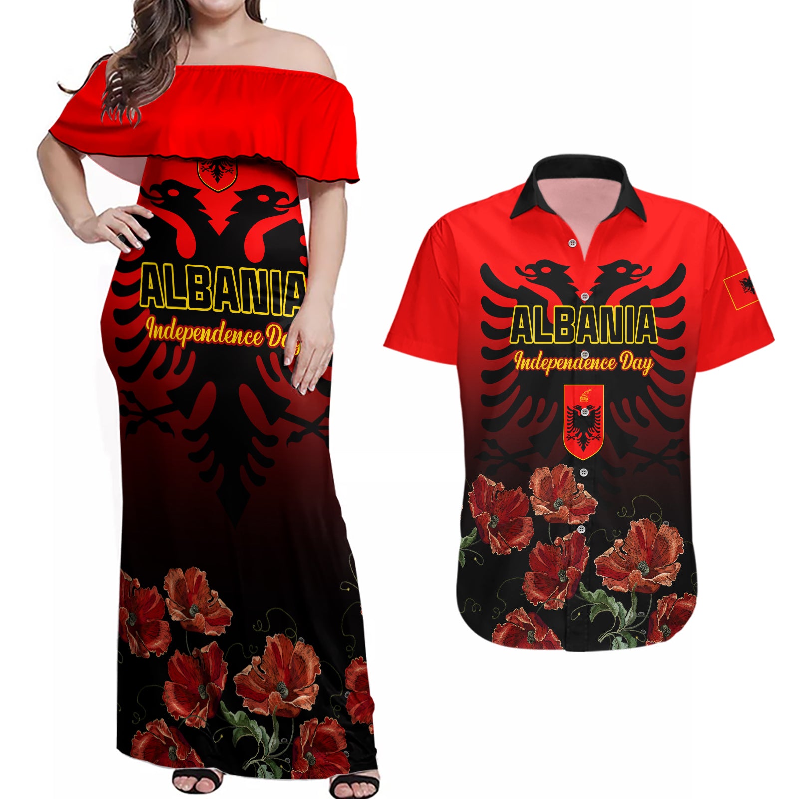 Personalised Albania Independence Day Couples Matching Off Shoulder Maxi Dress and Hawaiian Shirt Albanian Coat Of Arms With Red Poppy Flower - Wonder Print Shop