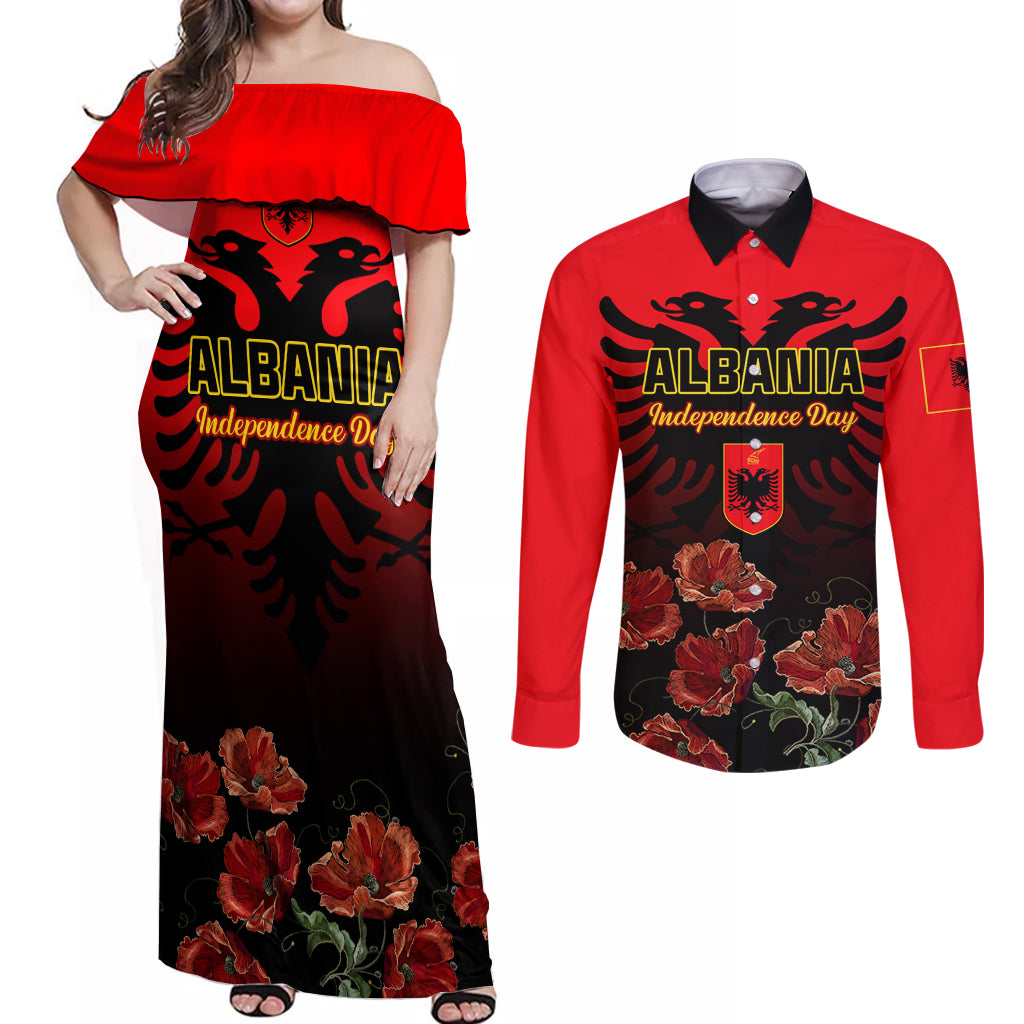 Personalised Albania Independence Day Couples Matching Off Shoulder Maxi Dress and Long Sleeve Button Shirt Albanian Coat Of Arms With Red Poppy Flower - Wonder Print Shop