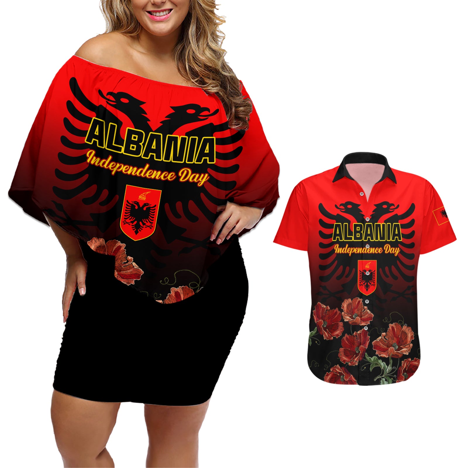 Personalised Albania Independence Day Couples Matching Off Shoulder Short Dress and Hawaiian Shirt Albanian Coat Of Arms With Red Poppy Flower - Wonder Print Shop