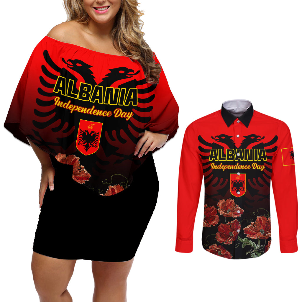 Personalised Albania Independence Day Couples Matching Off Shoulder Short Dress and Long Sleeve Button Shirt Albanian Coat Of Arms With Red Poppy Flower - Wonder Print Shop