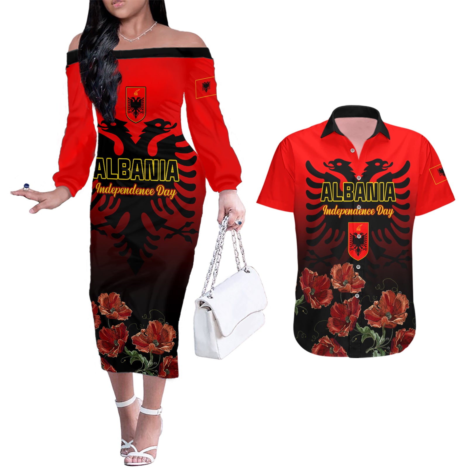 Personalised Albania Independence Day Couples Matching Off The Shoulder Long Sleeve Dress and Hawaiian Shirt Albanian Coat Of Arms With Red Poppy Flower - Wonder Print Shop