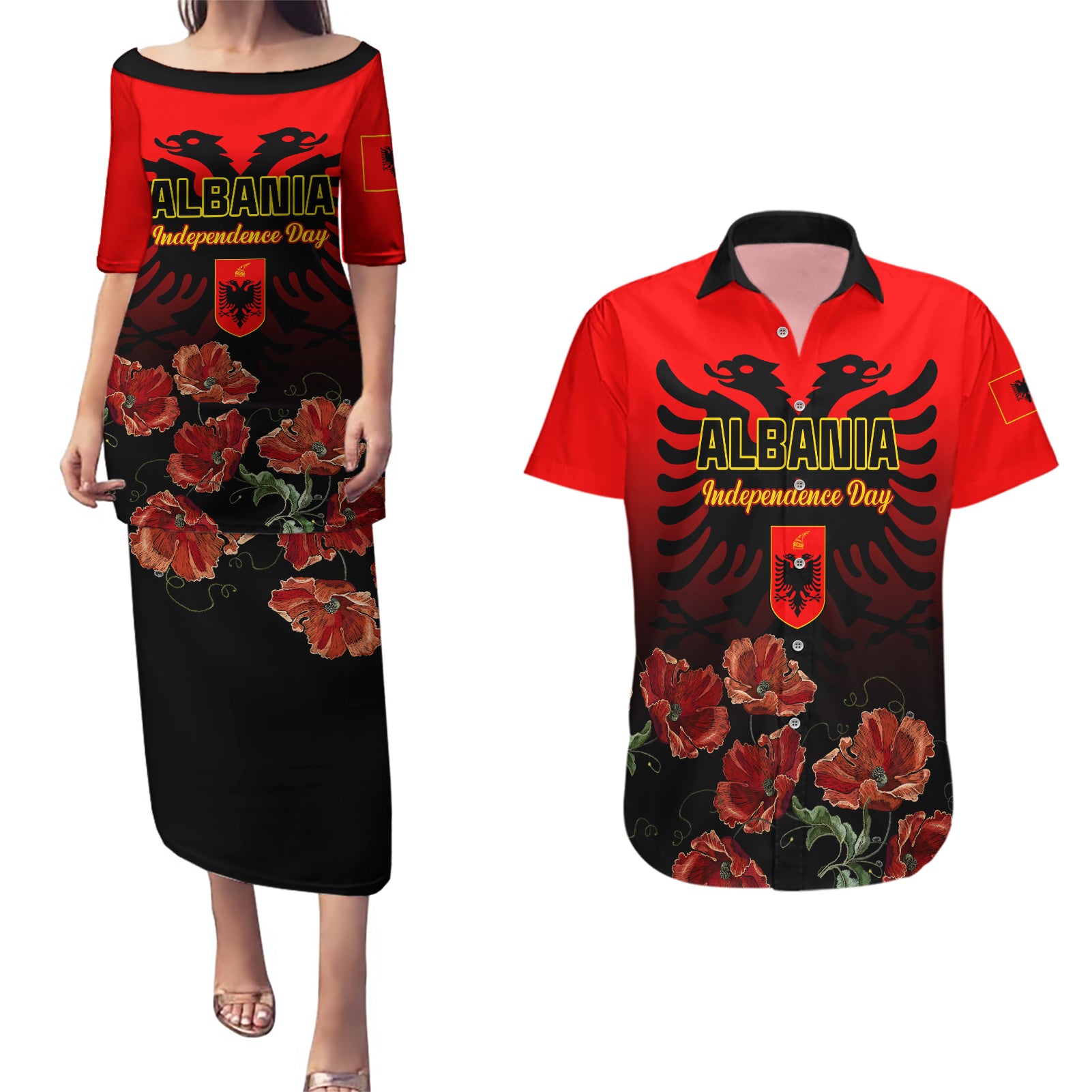 Personalised Albania Independence Day Couples Matching Puletasi Dress and Hawaiian Shirt Albanian Coat Of Arms With Red Poppy Flower - Wonder Print Shop