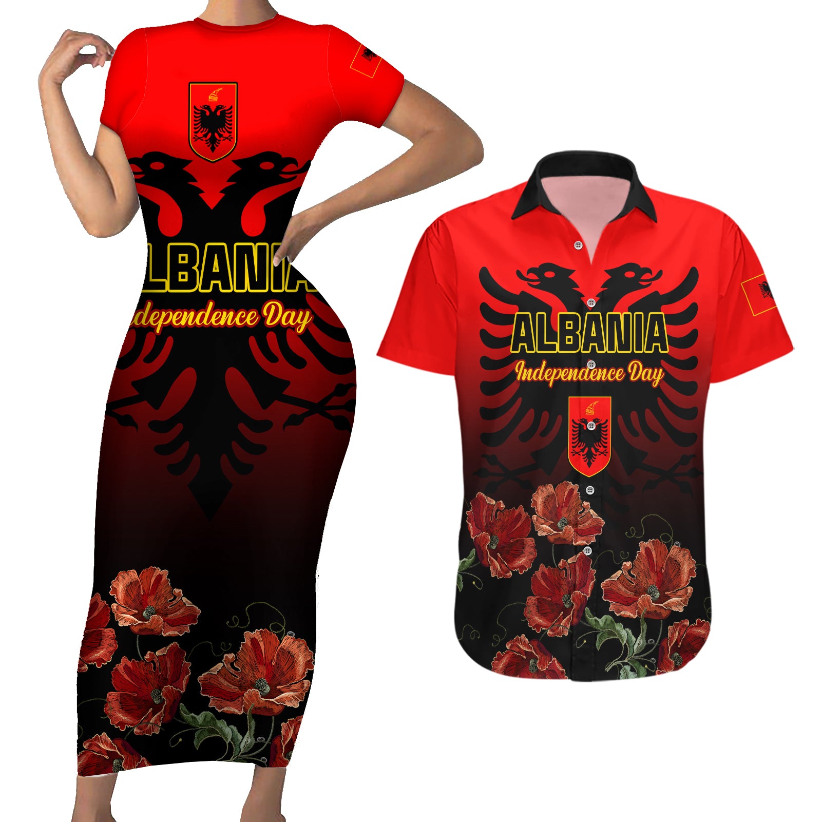 Personalised Albania Independence Day Couples Matching Short Sleeve Bodycon Dress and Hawaiian Shirt Albanian Coat Of Arms With Red Poppy Flower - Wonder Print Shop