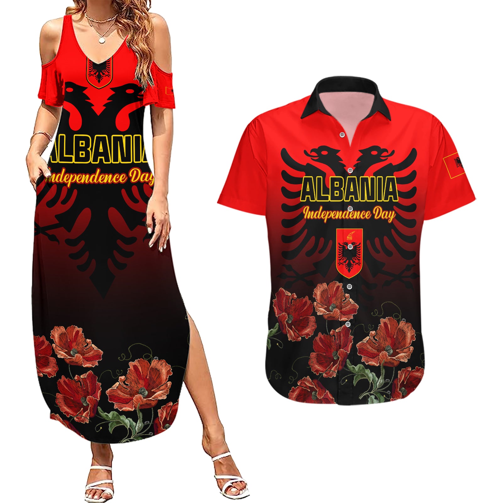 Personalised Albania Independence Day Couples Matching Summer Maxi Dress and Hawaiian Shirt Albanian Coat Of Arms With Red Poppy Flower - Wonder Print Shop