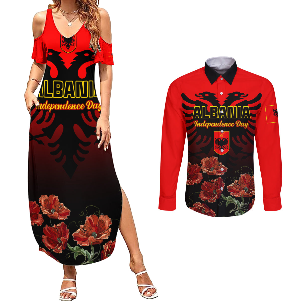 Personalised Albania Independence Day Couples Matching Summer Maxi Dress and Long Sleeve Button Shirt Albanian Coat Of Arms With Red Poppy Flower - Wonder Print Shop