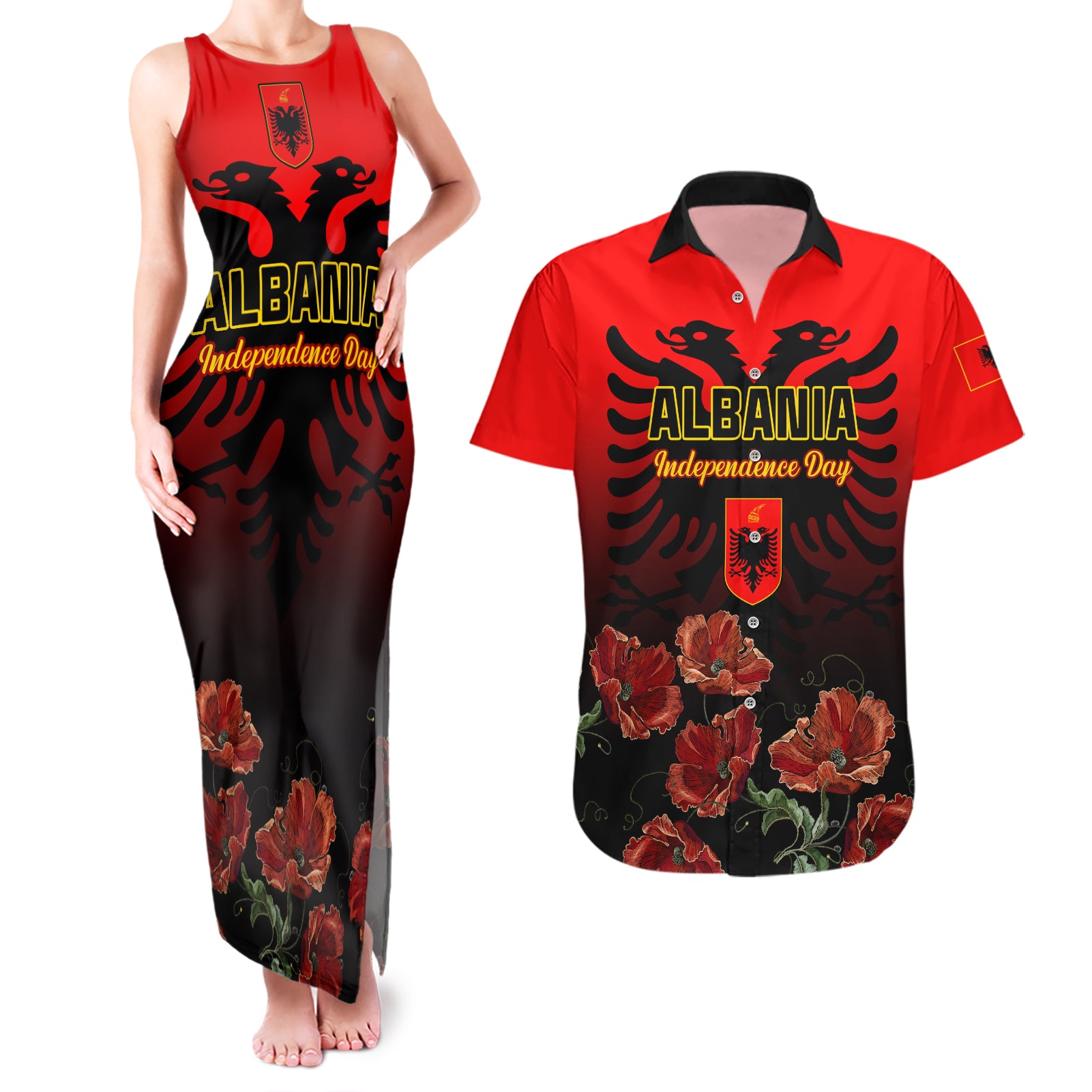 Personalised Albania Independence Day Couples Matching Tank Maxi Dress and Hawaiian Shirt Albanian Coat Of Arms With Red Poppy Flower - Wonder Print Shop