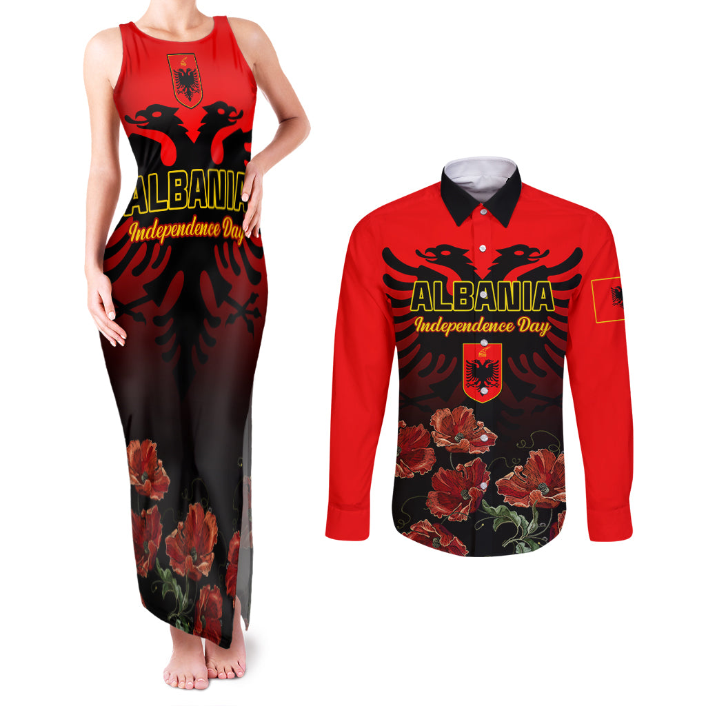 Personalised Albania Independence Day Couples Matching Tank Maxi Dress and Long Sleeve Button Shirt Albanian Coat Of Arms With Red Poppy Flower - Wonder Print Shop