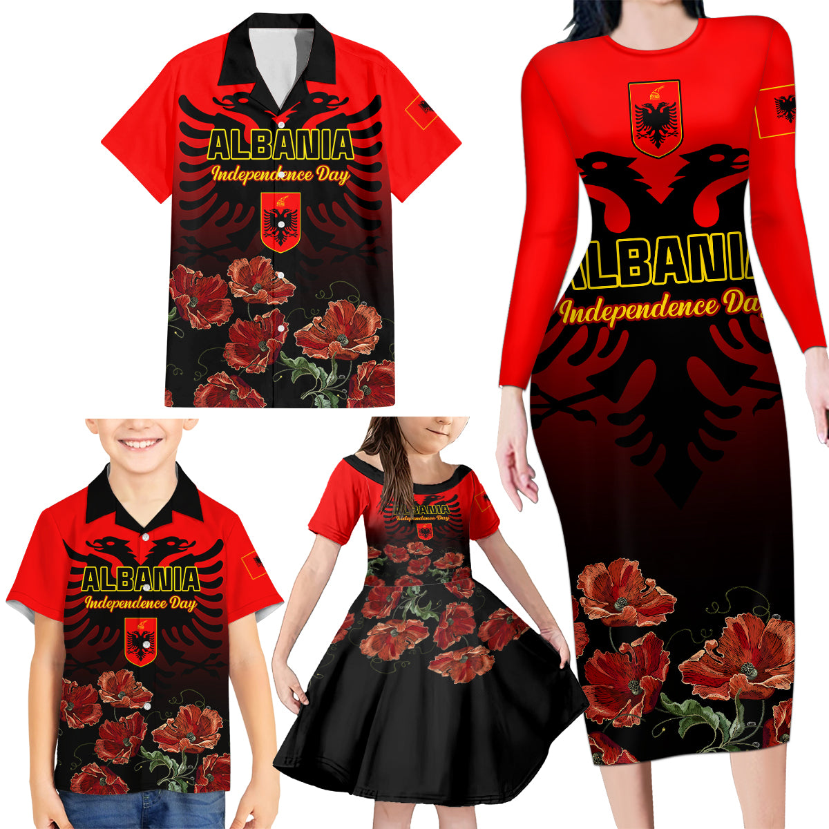 Personalised Albania Independence Day Family Matching Long Sleeve Bodycon Dress and Hawaiian Shirt Albanian Coat Of Arms With Red Poppy Flower - Wonder Print Shop