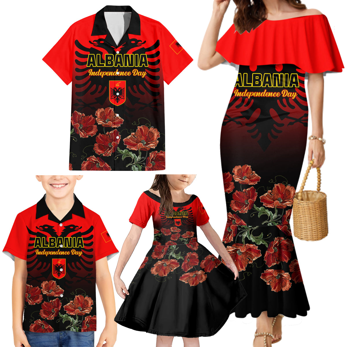 Personalised Albania Independence Day Family Matching Mermaid Dress and Hawaiian Shirt Albanian Coat Of Arms With Red Poppy Flower - Wonder Print Shop