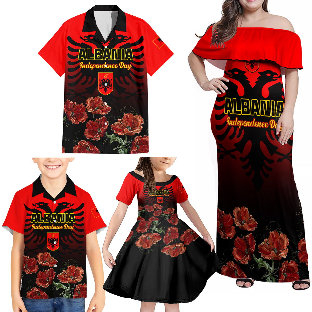 Personalised Albania Independence Day Family Matching Off Shoulder Maxi Dress and Hawaiian Shirt Albanian Coat Of Arms With Red Poppy Flower - Wonder Print Shop