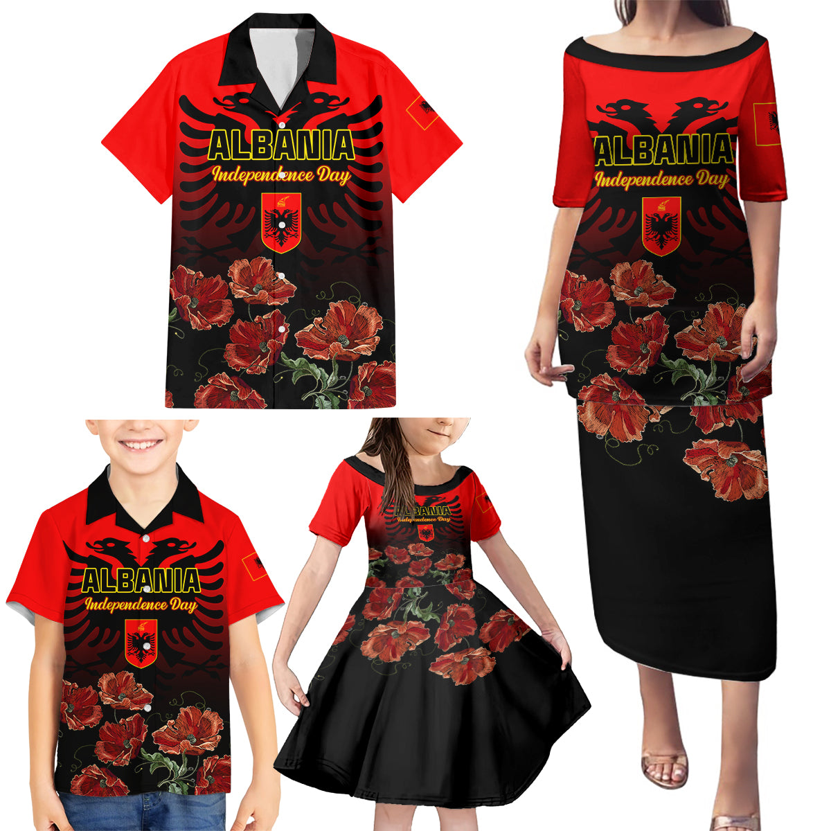 Personalised Albania Independence Day Family Matching Puletasi Dress and Hawaiian Shirt Albanian Coat Of Arms With Red Poppy Flower - Wonder Print Shop