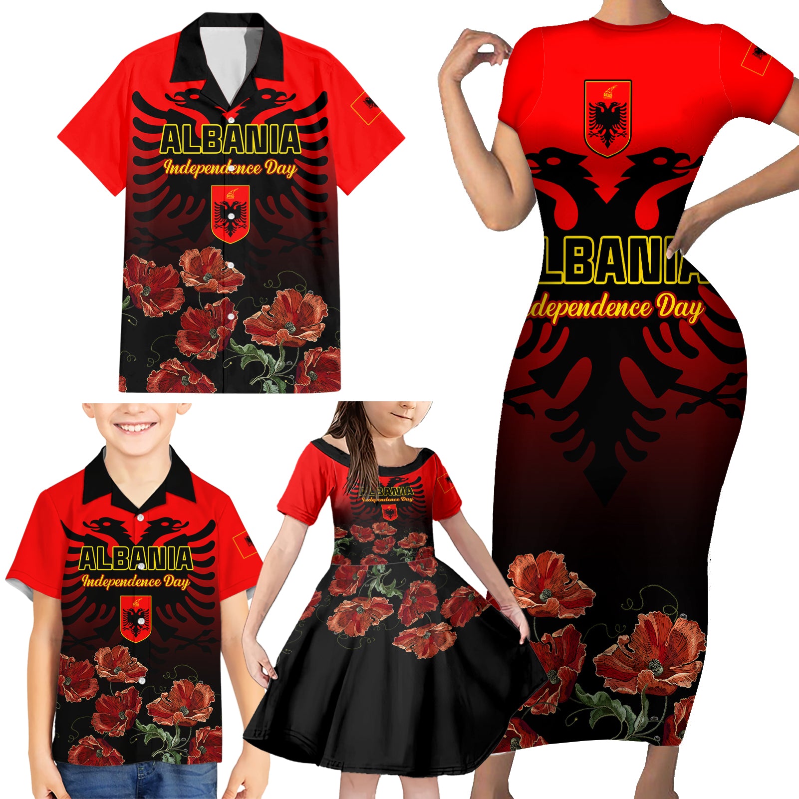 Personalised Albania Independence Day Family Matching Short Sleeve Bodycon Dress and Hawaiian Shirt Albanian Coat Of Arms With Red Poppy Flower - Wonder Print Shop