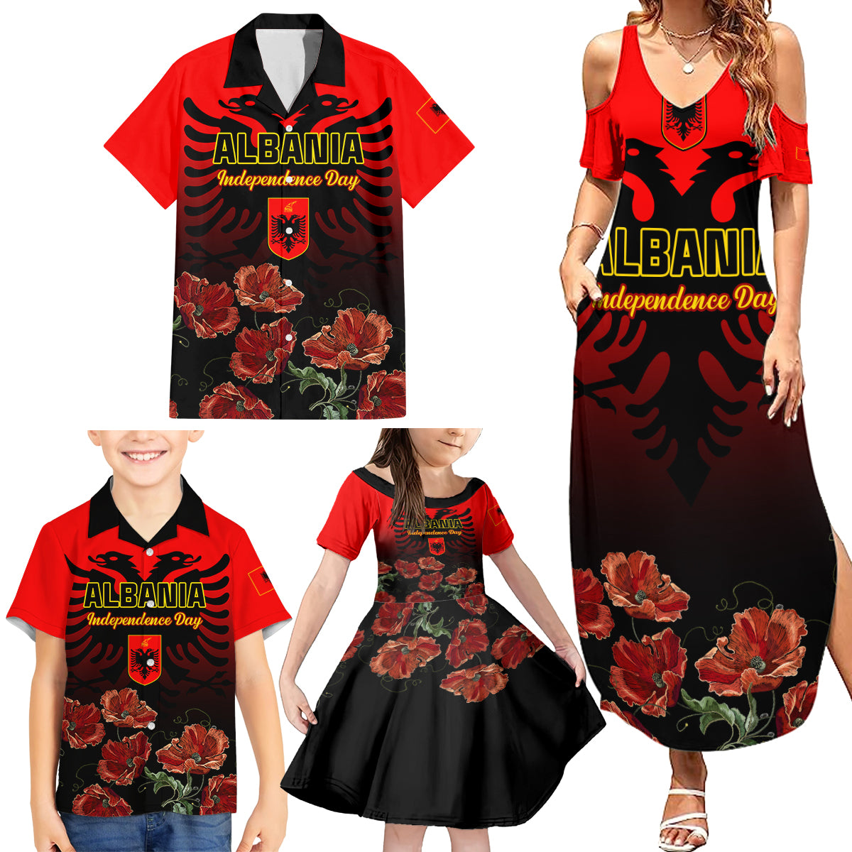 Personalised Albania Independence Day Family Matching Summer Maxi Dress and Hawaiian Shirt Albanian Coat Of Arms With Red Poppy Flower - Wonder Print Shop