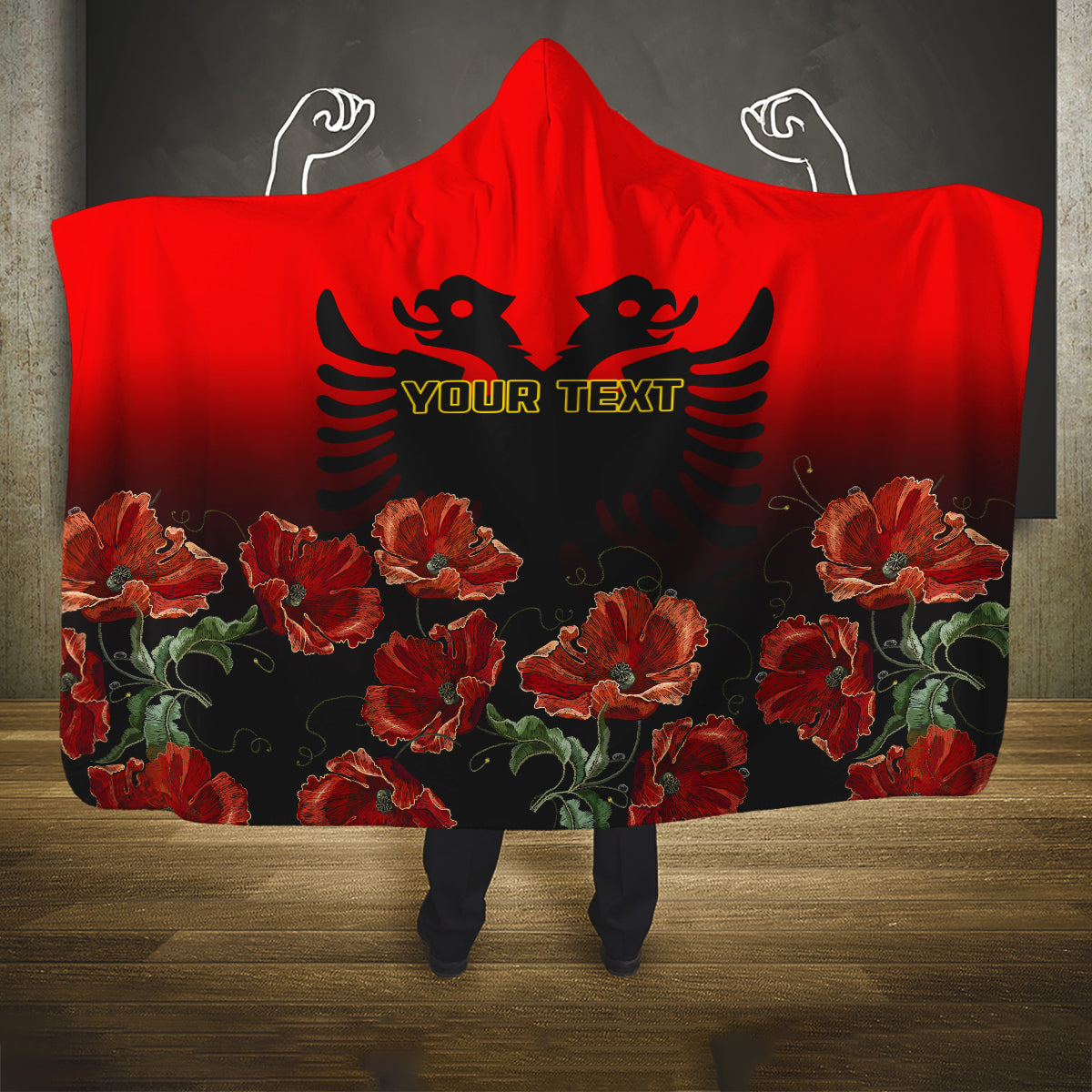 personalised-albania-independence-day-hooded-blanket-albanian-coat-of-arms-with-red-poppy-flower