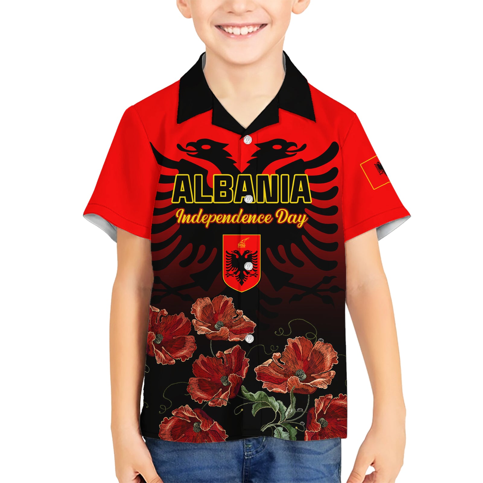 Personalised Albania Independence Day Kid Hawaiian Shirt Albanian Coat Of Arms With Red Poppy Flower - Wonder Print Shop