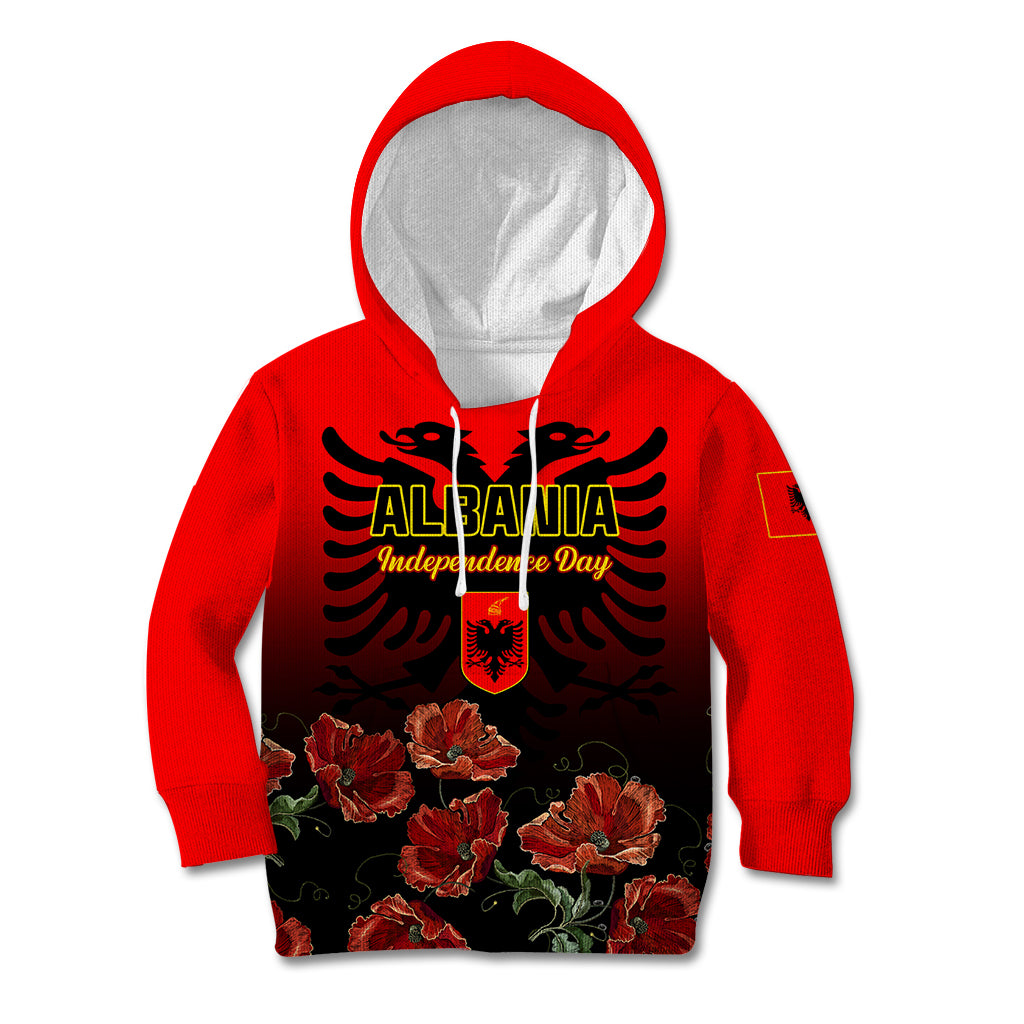 Personalised Albania Independence Day Kid Hoodie Albanian Coat Of Arms With Red Poppy Flower - Wonder Print Shop