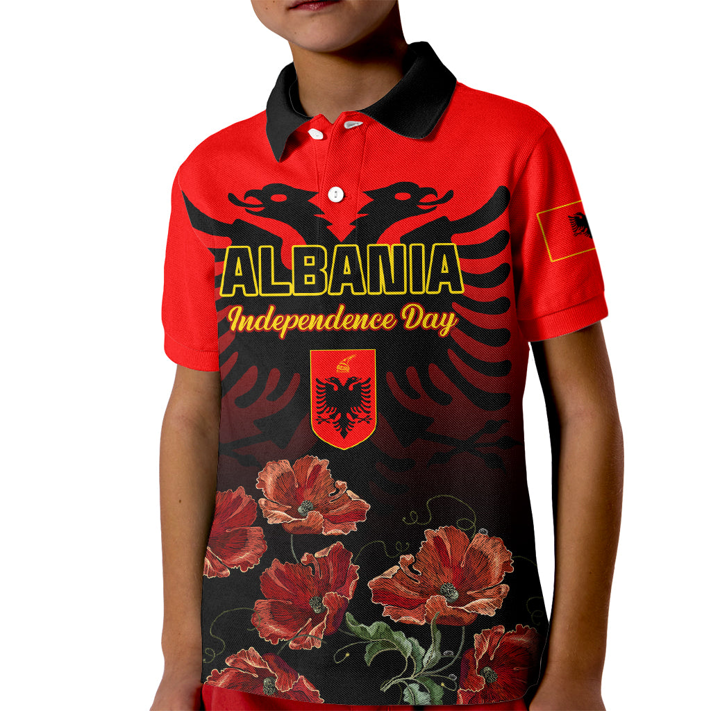 Personalised Albania Independence Day Kid Polo Shirt Albanian Coat Of Arms With Red Poppy Flower - Wonder Print Shop