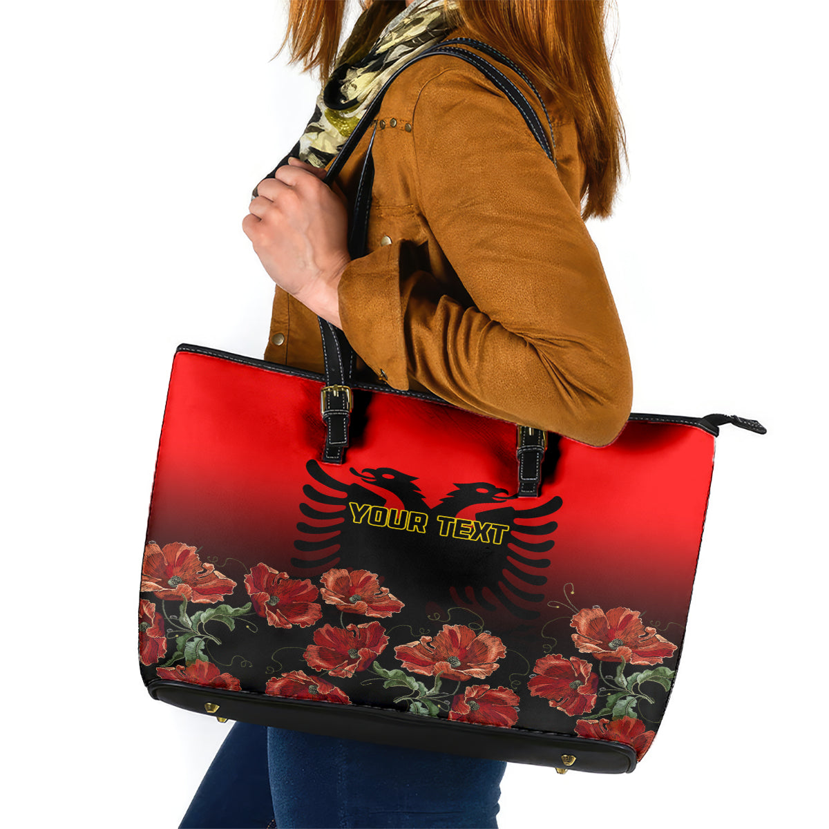 Personalised Albania Independence Day Leather Tote Bag Albanian Coat Of Arms With Red Poppy Flower - Wonder Print Shop