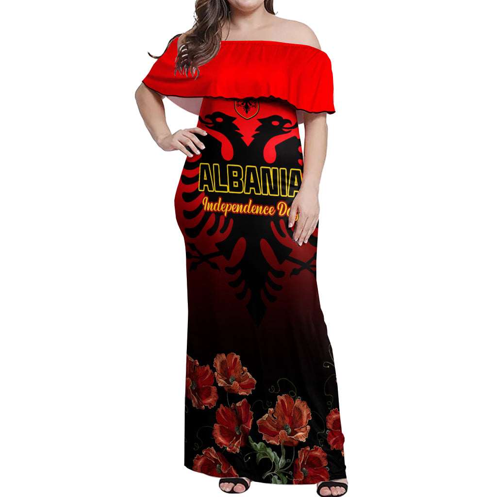 Personalised Albania Independence Day Off Shoulder Maxi Dress Albanian Coat Of Arms With Red Poppy Flower - Wonder Print Shop