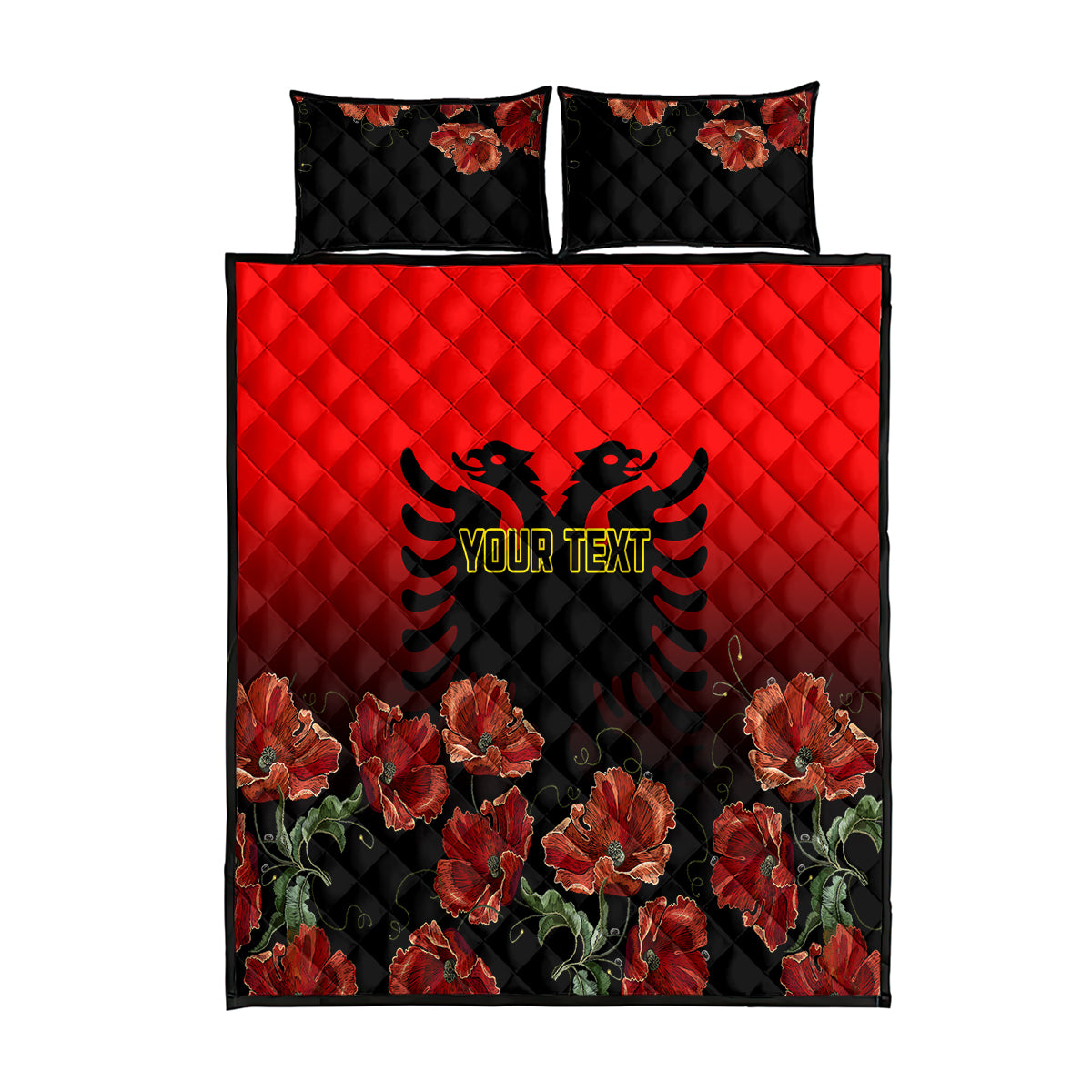 Personalised Albania Independence Day Quilt Bed Set Albanian Coat Of Arms With Red Poppy Flower - Wonder Print Shop