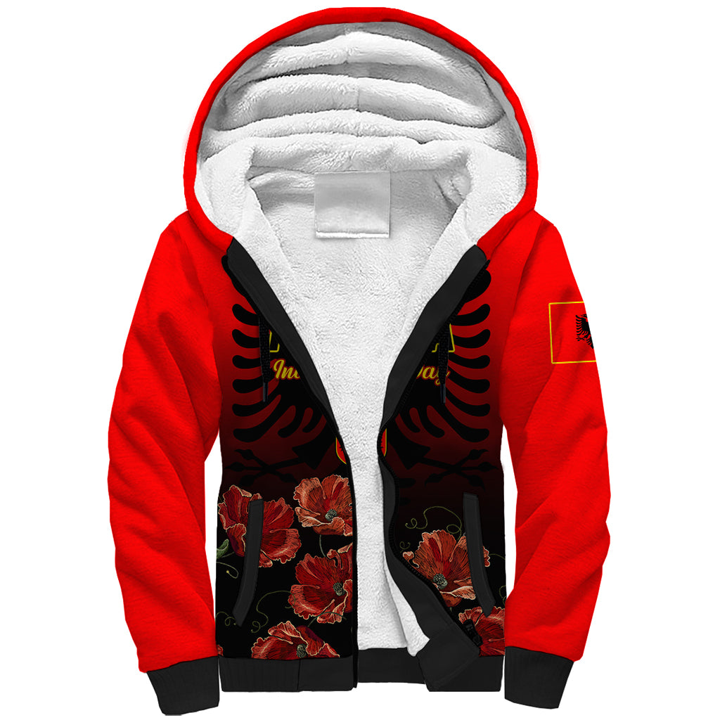 Personalised Albania Independence Day Sherpa Hoodie Albanian Coat Of Arms With Red Poppy Flower - Wonder Print Shop