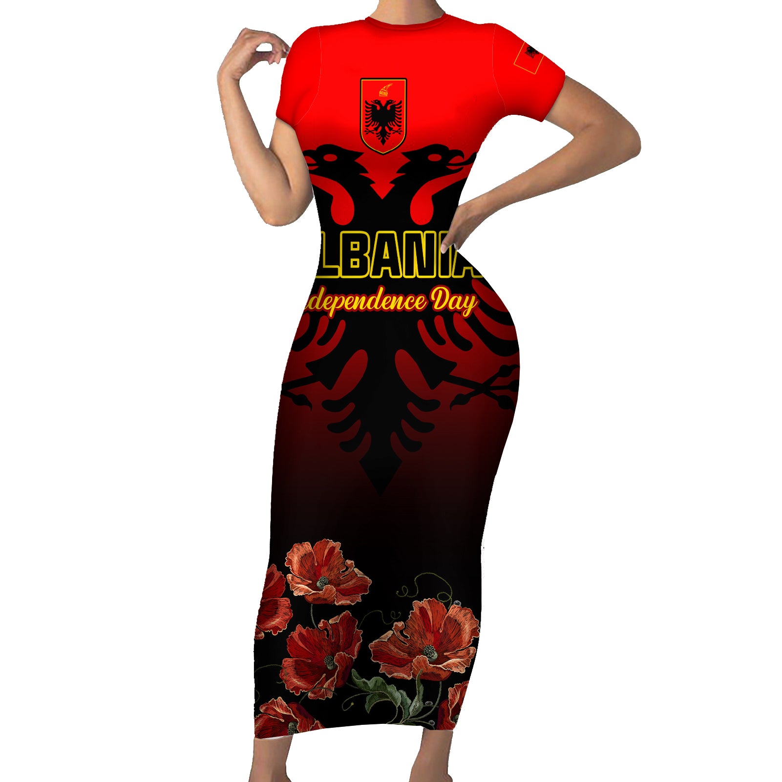 Personalised Albania Independence Day Short Sleeve Bodycon Dress Albanian Coat Of Arms With Red Poppy Flower - Wonder Print Shop