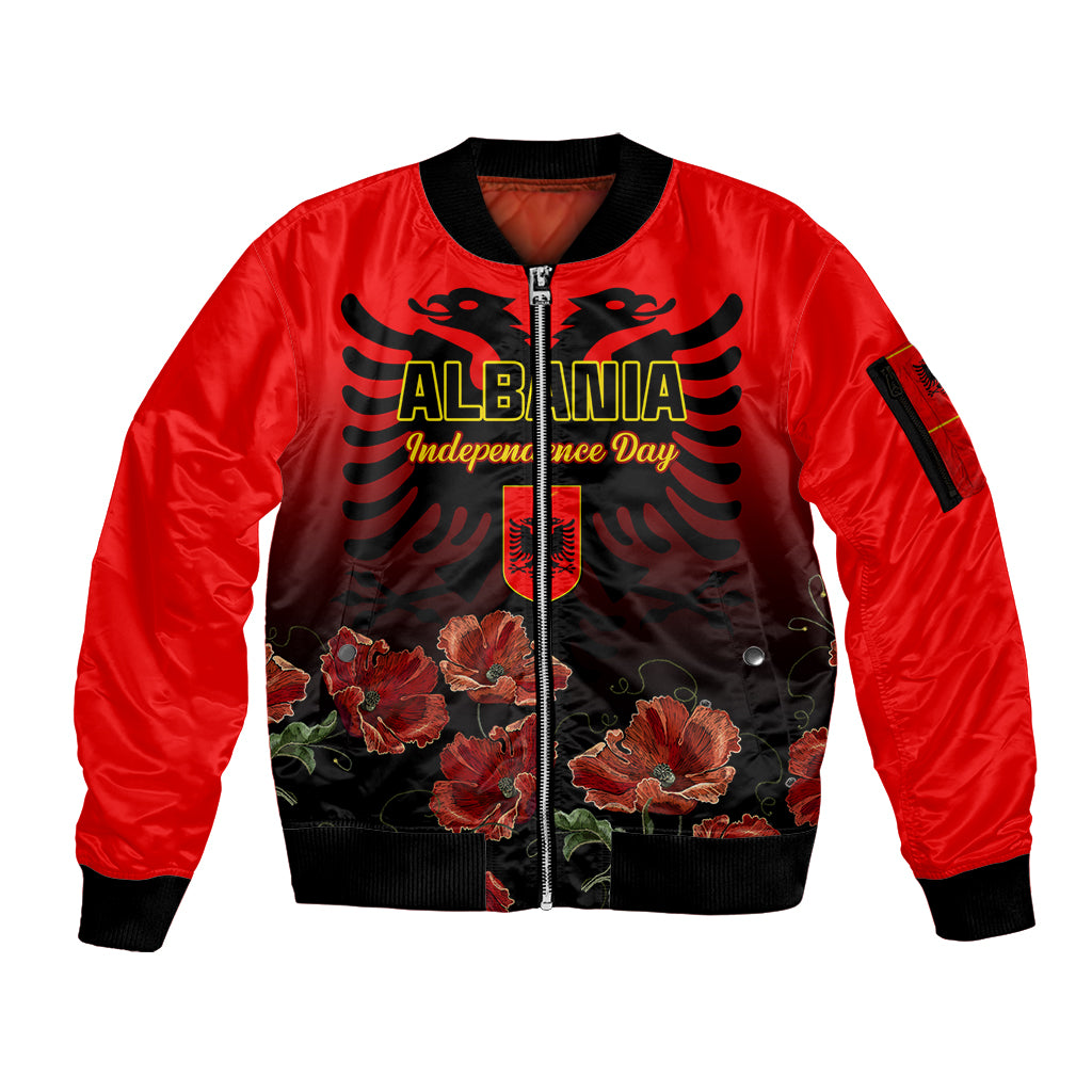 Personalised Albania Independence Day Sleeve Zip Bomber Jacket Albanian Coat Of Arms With Red Poppy Flower - Wonder Print Shop