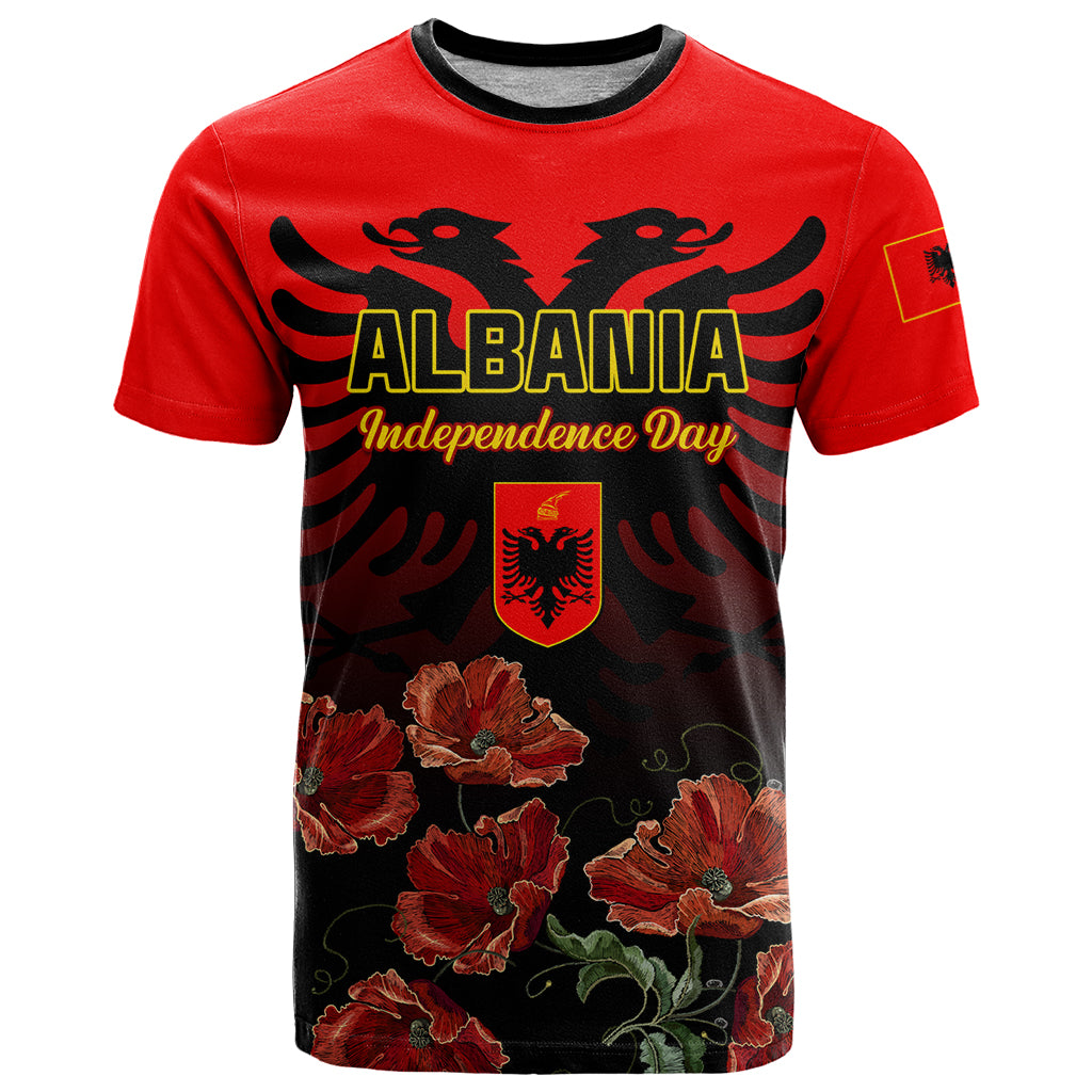 Personalised Albania Independence Day T Shirt Albanian Coat Of Arms With Red Poppy Flower - Wonder Print Shop