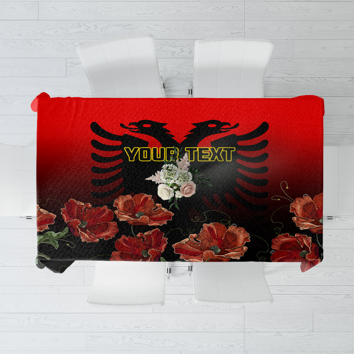 Personalised Albania Independence Day Tablecloth Albanian Coat Of Arms With Red Poppy Flower - Wonder Print Shop