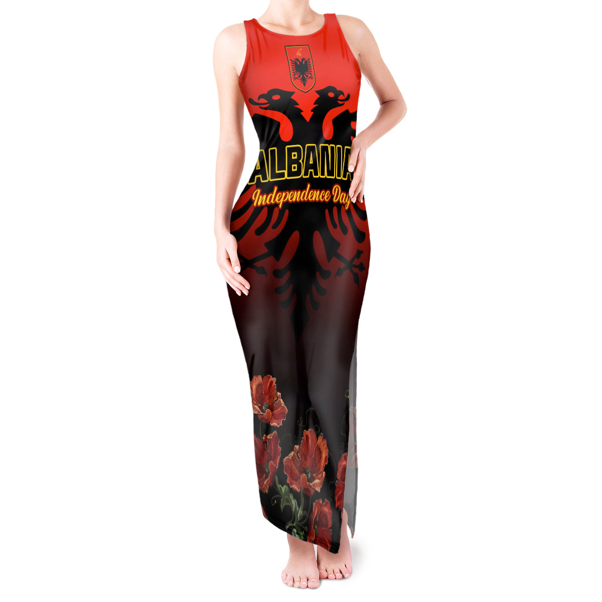 Personalised Albania Independence Day Tank Maxi Dress Albanian Coat Of Arms With Red Poppy Flower - Wonder Print Shop